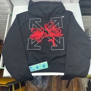 Off White Black Hoodie with Red Floral Design